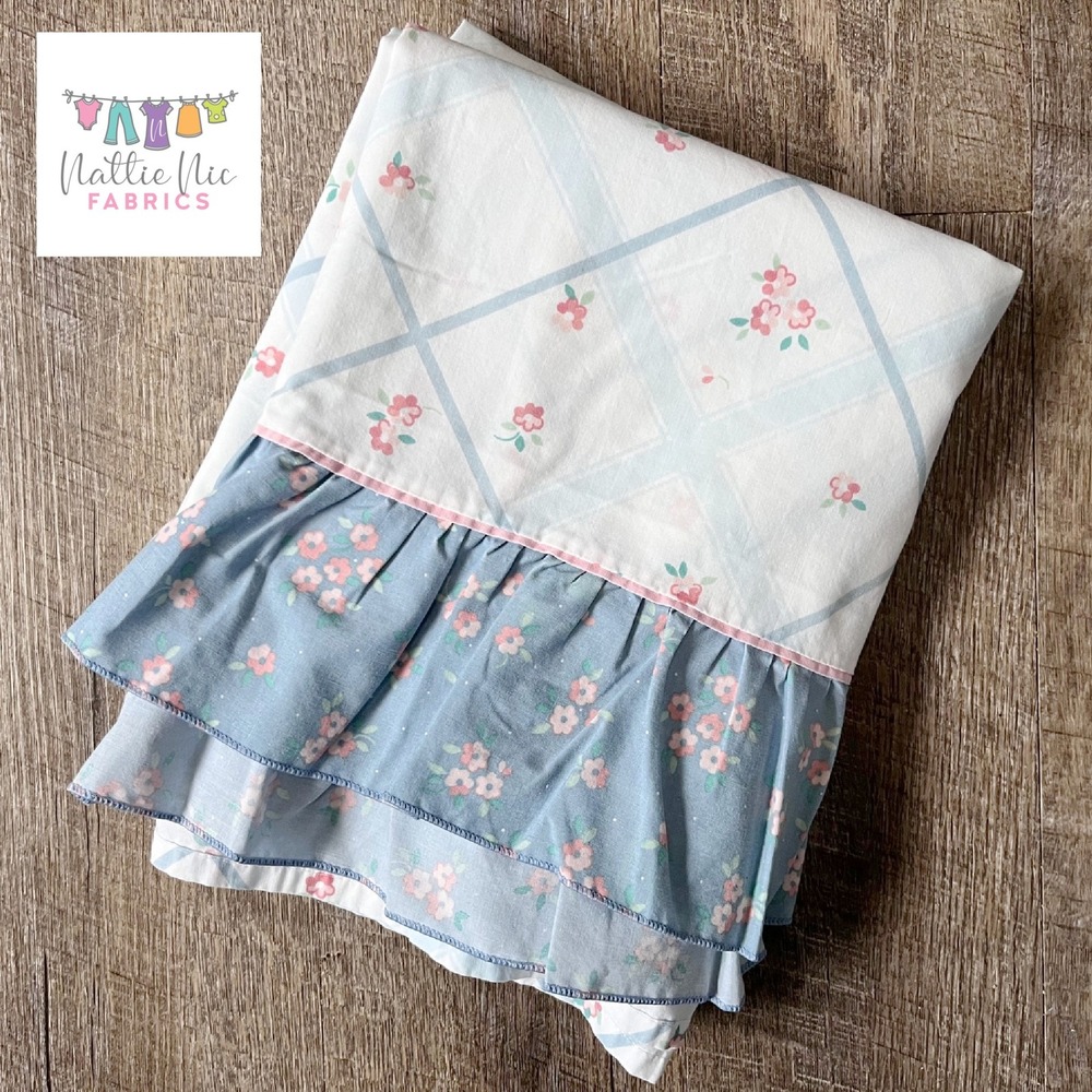 Vintage Full Size Flat Sheet‎ with blue ruffle cottagecore shabby chic